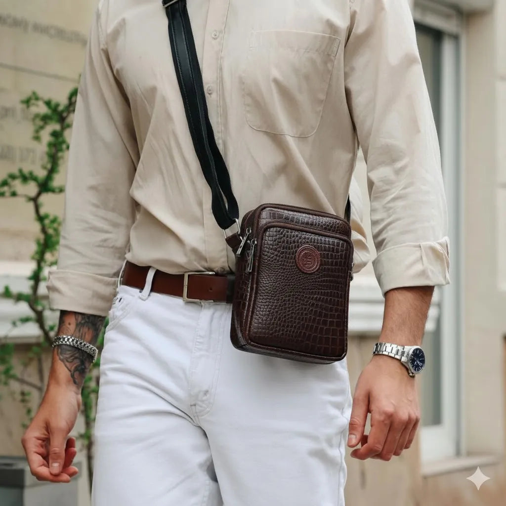 A man wearing a leather crossbody bag