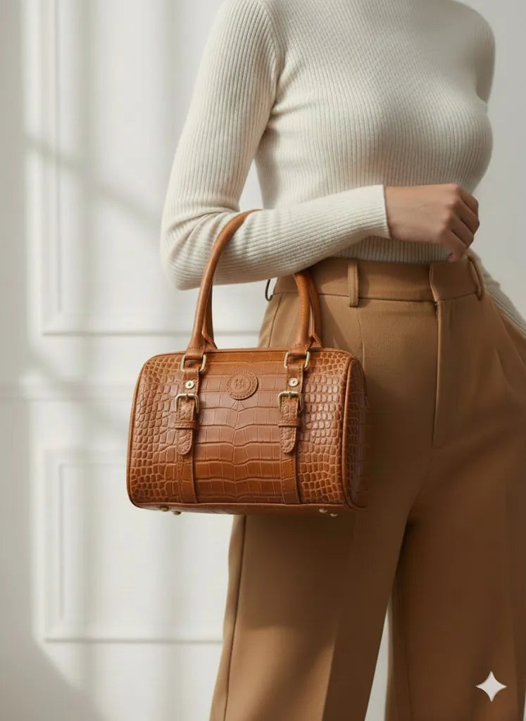 A woman carrying a tan leather handbag