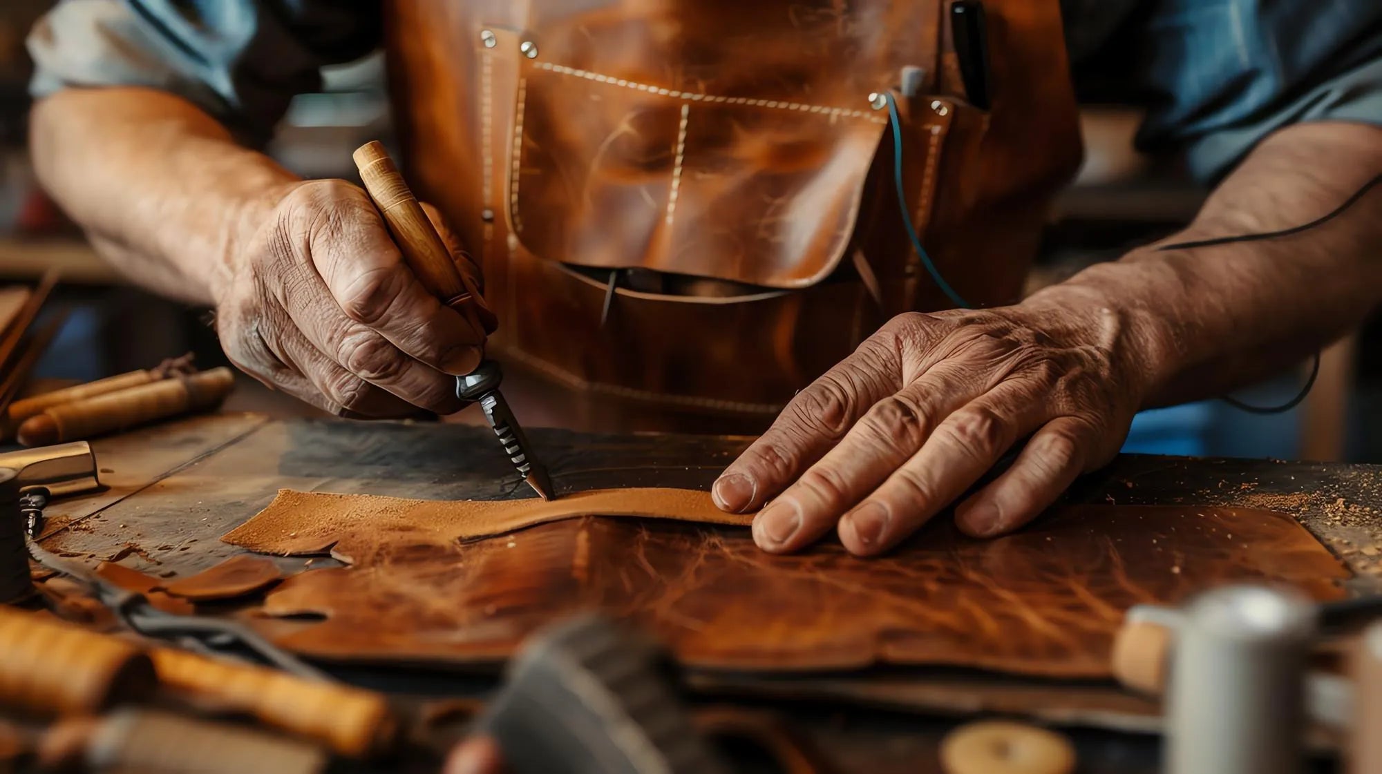 An artisan hand-cutting a leather panel at the bench