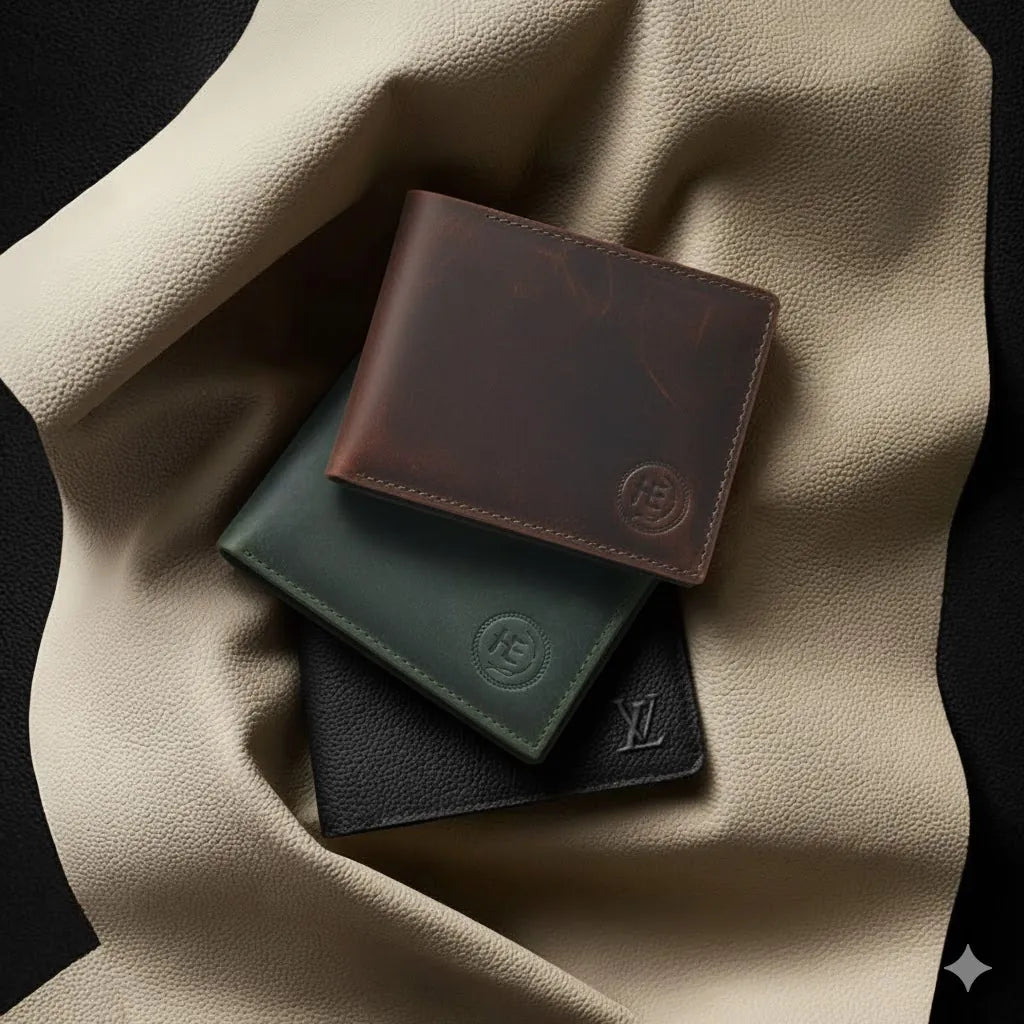 Leather wallets arranged on a dark surface