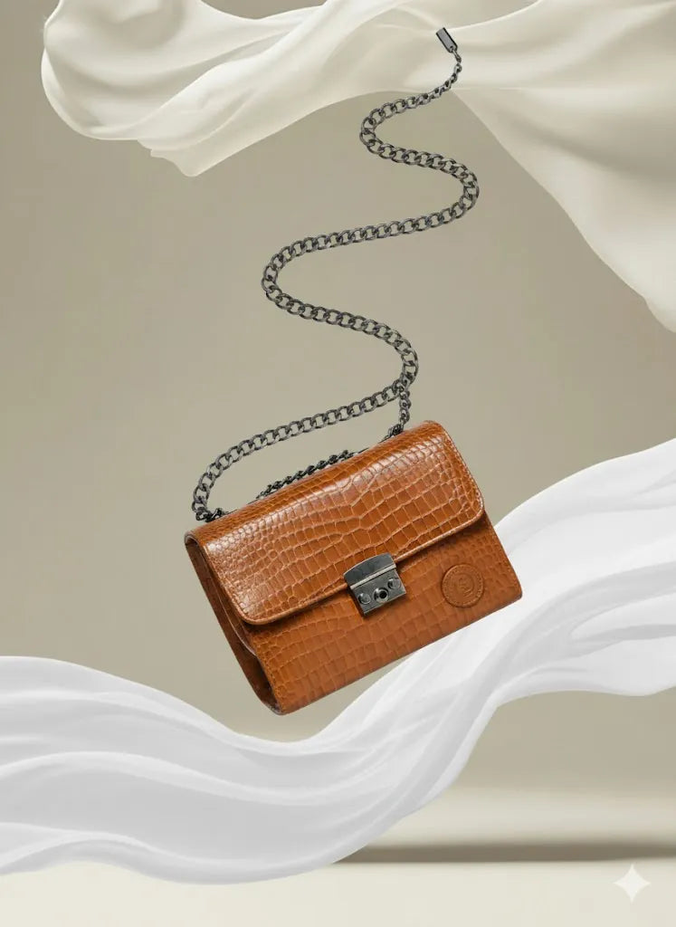 A croc-embossed leather handbag on soft fabric